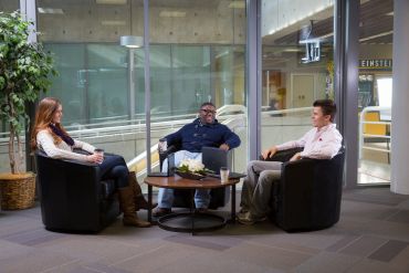 ECAP students Sydney Dickson, Greg Thompson of Pine Bluff and Shawn Belcher take a moment between classes in the Bell Engineering Center. ECAP students Sydney Dickson, Greg Thompson of Pine Bluff and Shawn Belcher take a moment between classes in the Bell Engineering Center.