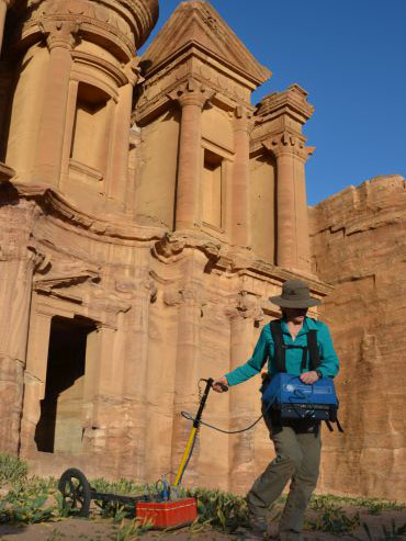 Ellen Ernenwein uses ground-penetrating radar to image the subsurface in front of the Monastery in at Petra, Jordan.