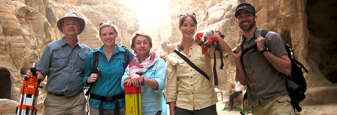 Old Main CAST researchers paused to take a group photo on location in Petra, Jordan. From left to right, Malcolm Williamson, Eileen Ernenwein, Caitlin Stevens, Katie Simon and Adam Barnes.
