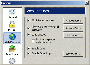 Example of Firefox Options window for enabling JavaScript