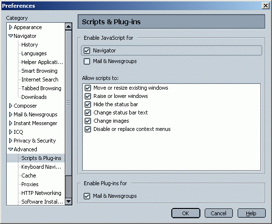 Example of Netscape Preferences window for enabling JavaScript