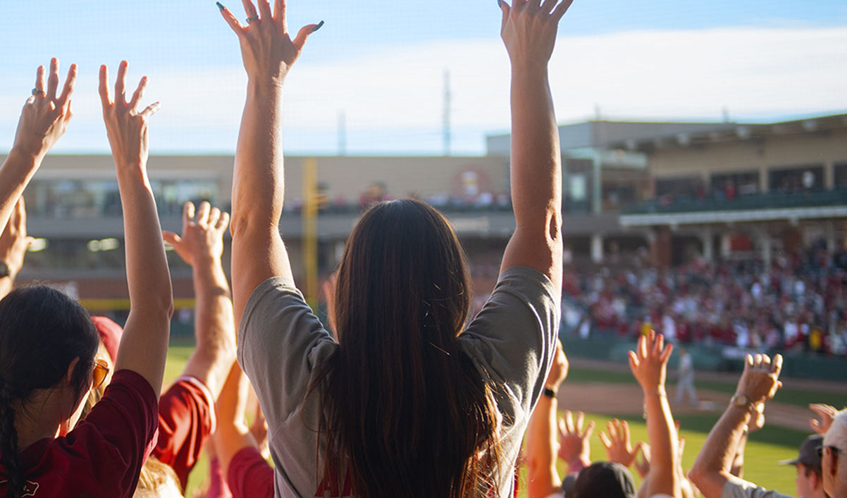 Photo of baskeball fans calling the hogs.