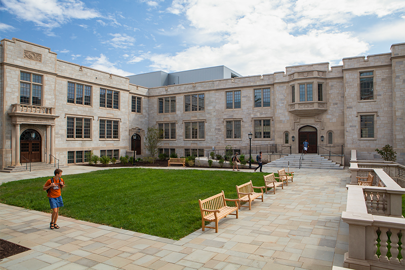 Gearhart Hall features a spacious student lounge flooded with natural light, study areas and rooms for group discussions and an auditorium for classes, lectures and film screenings.