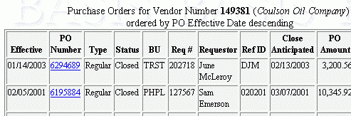 Example of the PO display when searching for Vendor on or before an invoice date
